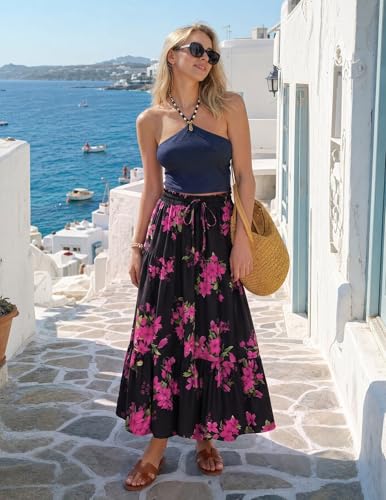 Image of ZESICA Women's 2026 Summer Bohemian Floral Printed Elastic Waist A Line Maxi Skirt with Pockets
