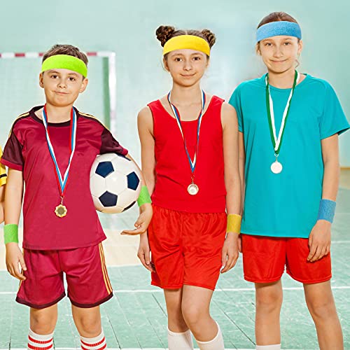 Image of 24 Pieces 80s Neon Sweatbands Set, Include 8 Sports Headbands and 16 Sweat Wristbands Elastic Athletic Tennis Sweat Bands Bulk for Man Woman