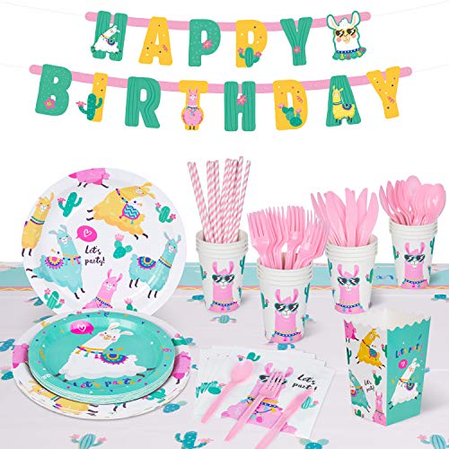 Decorlife Llama Birthday Party Supplies for Girls, Dinnerware Kit with Party Plates, 54
