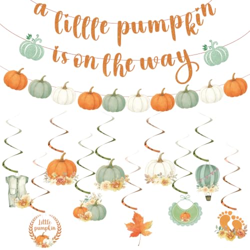 Image of Little Pumpkin Banner and Hanging Swirls Fall Baby Shower Decor