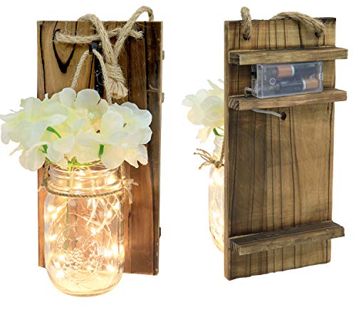Greenco Rustic Style Wall Mounted Mason Jar Sconce With Faux Flower And Led Strip Lights - Set Of 2 #TOP2