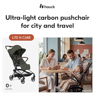 Hauck Lite N Care, Dark Olive - Lightweight Carbon Fibre Pushchair, Compact City & Travel Stroller with Carry Strap, IATA Cabin Size One-Hand Fold, Fully Reclining from Birth to 22 kg, UPF 50+