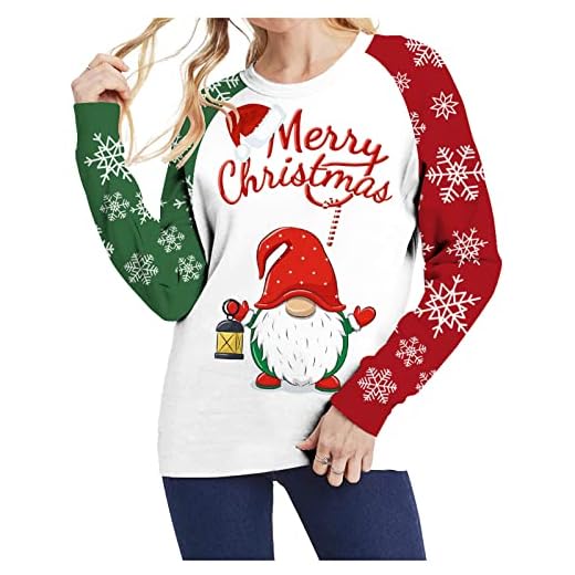 God jul höst toppar för kvinnor färgblock jul snöflinga långärmad t-shirt, Röd, S