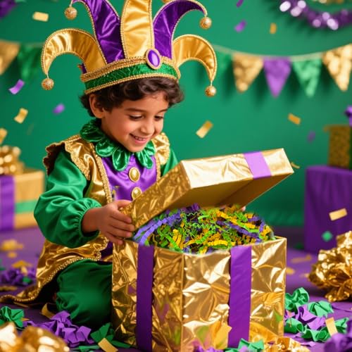 Image of 2 LB Gold Green Purple Crinkle Cut Paper Shred Filler Great for Gift Wrapping, Basket Filling, Birthday, Wedding, Mardi Gras, Carnival, Christmas Day, New Year Party Decorations Filling Supplies