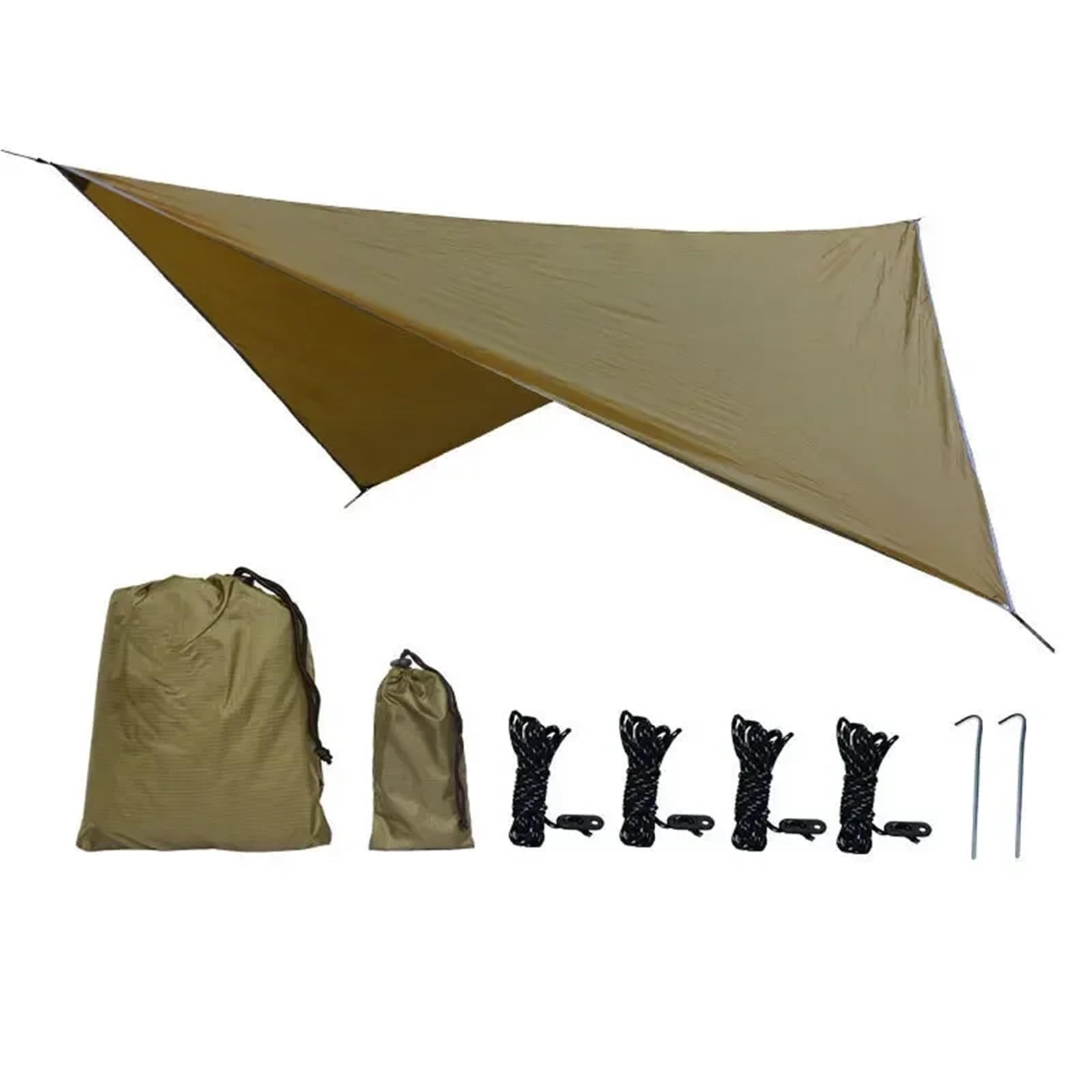 Bâche imperméable 350 x 280 cm - Tente de camping - Hamac - Anti-UV - Auvent de jardin - Pare-soleil ultra léger (kaki)