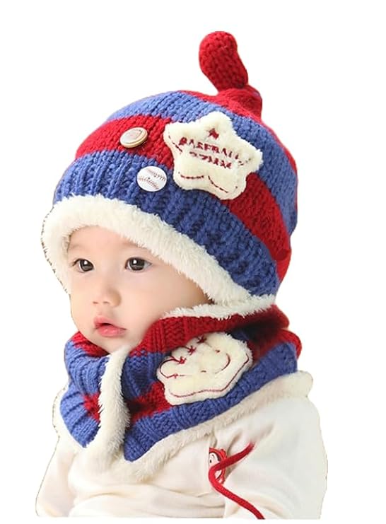 FashionIO - Dual Tone Knitted Korean Style (Choti-Star) Cap for Babies Girls/Boys with Buttoned Muffler