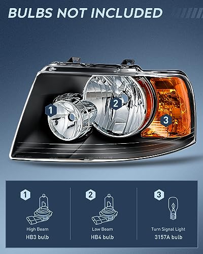 Image of Nilight Headlight Assembly Compatible with 2003 2004 2005 2006 Ford Expedition Headlamps Replacement Black Housing Amber Reflector Clear Lens Driver and Passenger Side