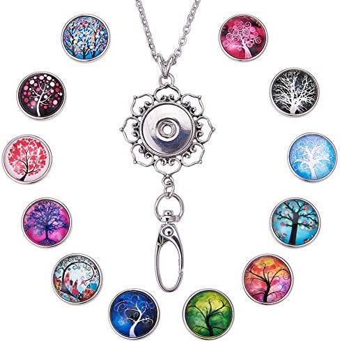 SUNNYCLUE 1 Box Women Office Lanyard ID Badges Holder Necklace Tree of Life Stainless Steel Badge Lanyard 12pcs Alloy Breakaway Snap Buttons Charms Jewelry Pendant Clip & Plastic Box, 30inches Long