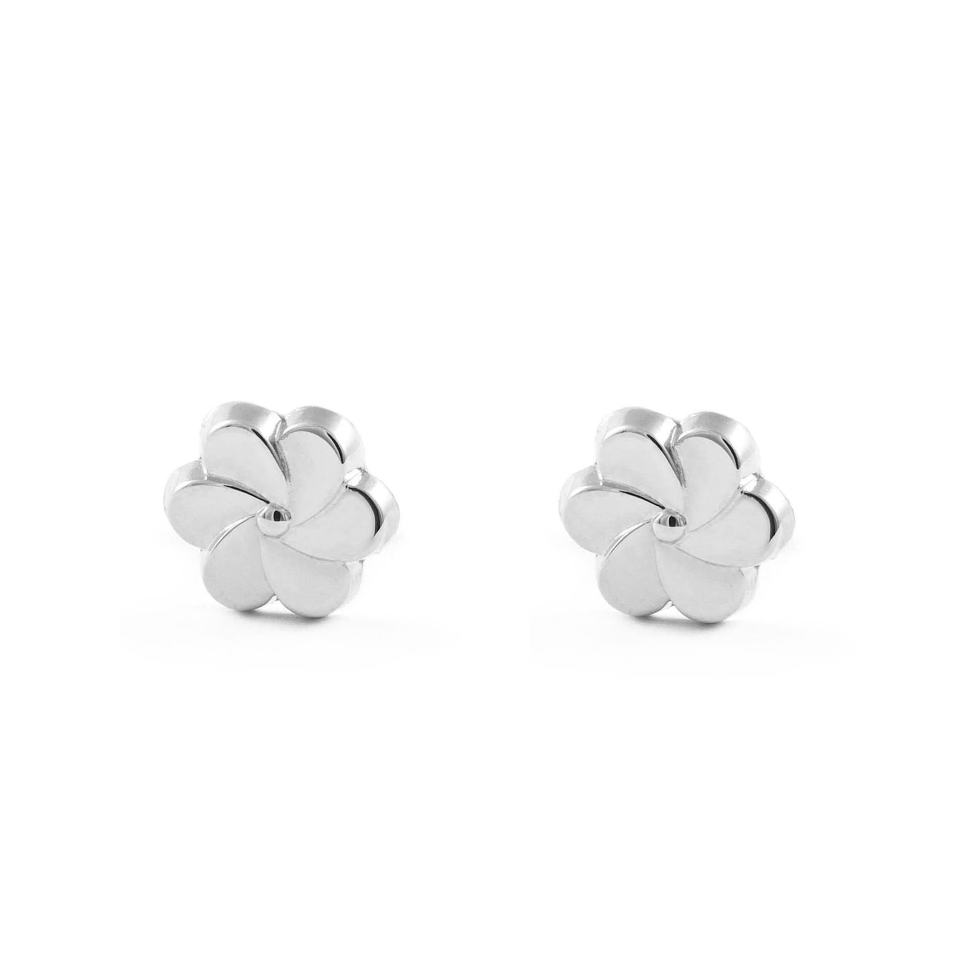Monde Petit Pendientes Niña Oro blanco Flor petalos lisa (9kts) - Estuche Regalo - Certificado de Garantía - Mondepetit