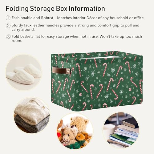 Image of Wamika Christmas Green Storage Basket with Waterproof Liner and PU Handles Winter Candy Cane Snowflake Storage Boxes 14.2 inch Collapsible Decorative Organizer Baskets for Bedroom Closet Office 1 Pack
