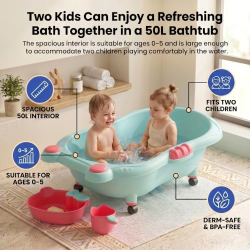 Image of StarAndDaisy AquaNest Baby Bath Tub for Newborn to 5 Years with Ergonomic Baby Bather Seat, 360 Wheels, Bathing Tray & Mug, BPA-Free Kids Bathtub with Drain Plug & Rolling Base