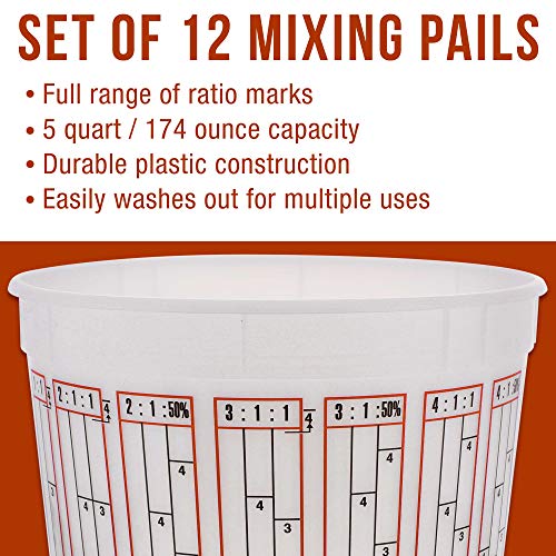 Custom Shop /Tcp Global (Pack Of 12 - Mix Cups/Buckets - 5 Quart) - (174 Ounce Volume Paint And Epoxy Mixing Cups) - Mix Cups Are Calibrated Multiple Mixing Ratios (1-1) (2-1) (3-1) (4-1) (8-1) Epoxy Resin #TOP3