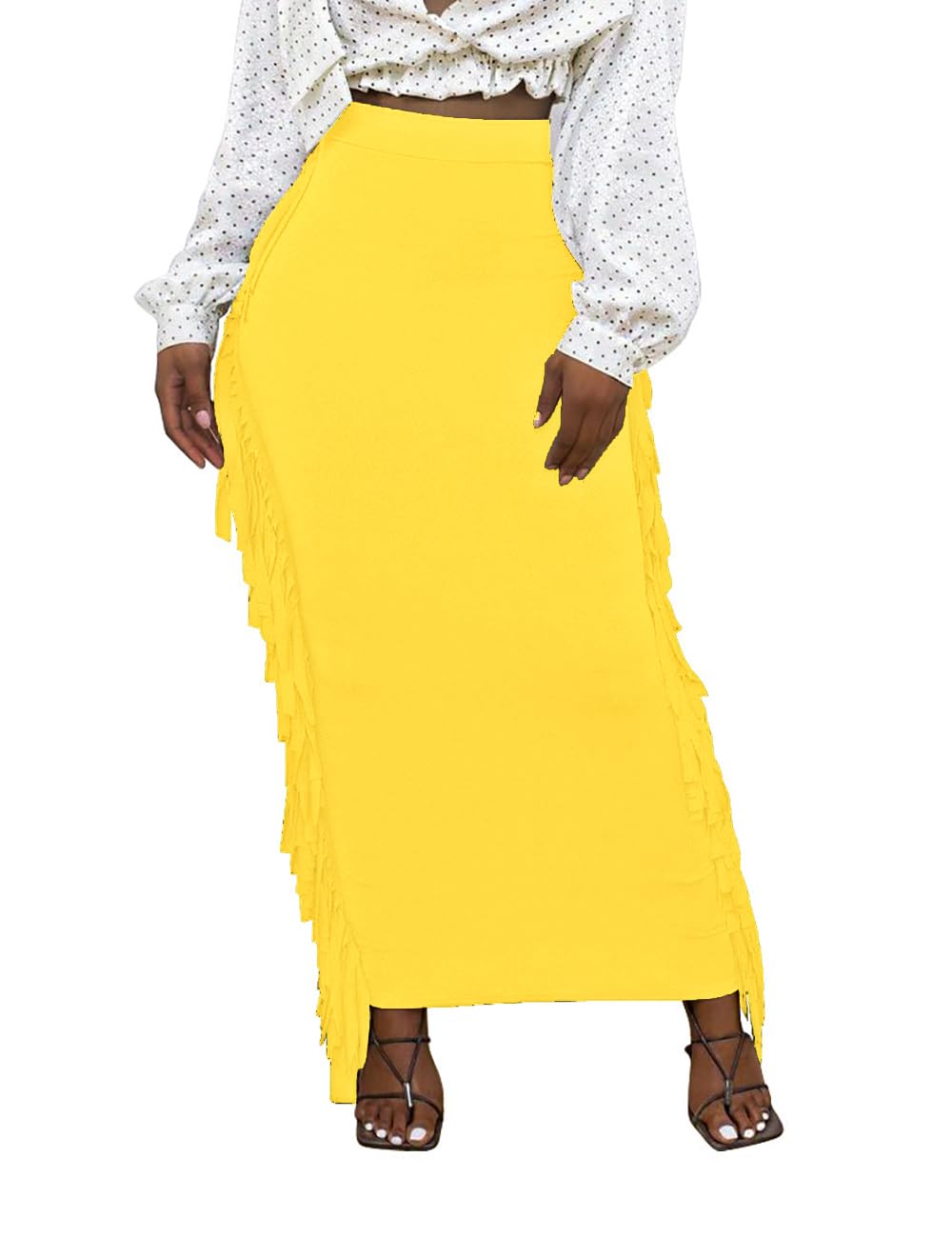 Lrady Women's Elastic Waist Slim Bodycon Side Tassels Long Maxi Pencil Skirts