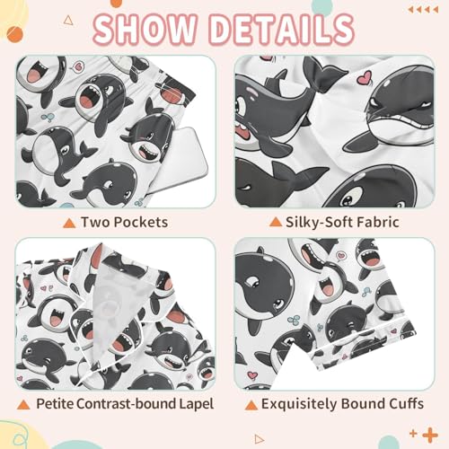 senya Black Small Whale Satin Summer Pajama Sets Silk Short Sleeve Button Down Sleepwear3