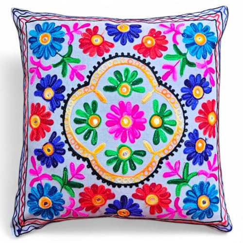 Image of Original Kikan Suzani Multi Colour Floral Embroidery 16"x16" 40 x 40 cm Indian Ethnic Cushion Cover Takiya Sofa pillow Zipper Back (Grey)