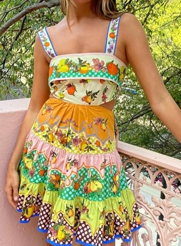 Image of NUFIWI Women Boho Graffiti Cami Mini Dress Spaghetti Strap Printed A Line Short Dress Backless Cut Out Colorful Sundress