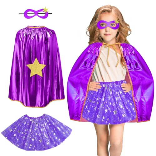 AUYAO Superheld Cape Fünfzackiger Stern Costume Kids 3Pcs Supergirl Doppelseitiges Umhang mit Maske und Rock Halloween Kostüm Kinderkostüm Mädchen Faschingskostüme Karneval Cosplay Cape Kinder(A-Lila)