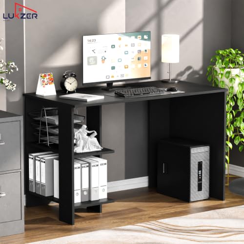 Image of Lukzer Engineered Wood Computer Desk with One Tier Shelves Laptop Study Table for Office Home Workstation Writing Modern Desk (ST-007 /Black / 100 x 50 x 77 cm)