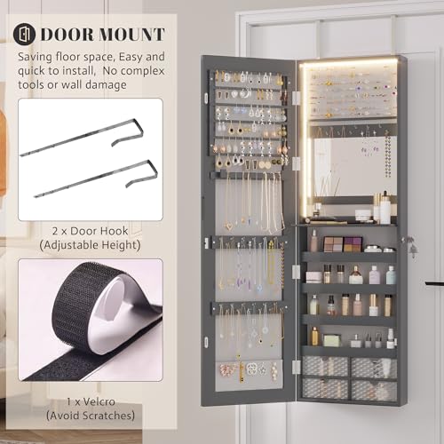 Vlsrka LED Espejo Joyero de Pared, Armario joyero de puerta con Cerradura, Armario Espejo colgante Con 3 luces colores, Armario con Joyero Almacenamiento, Regalos para mujes, Dormitorio, Gris - imagen 6
