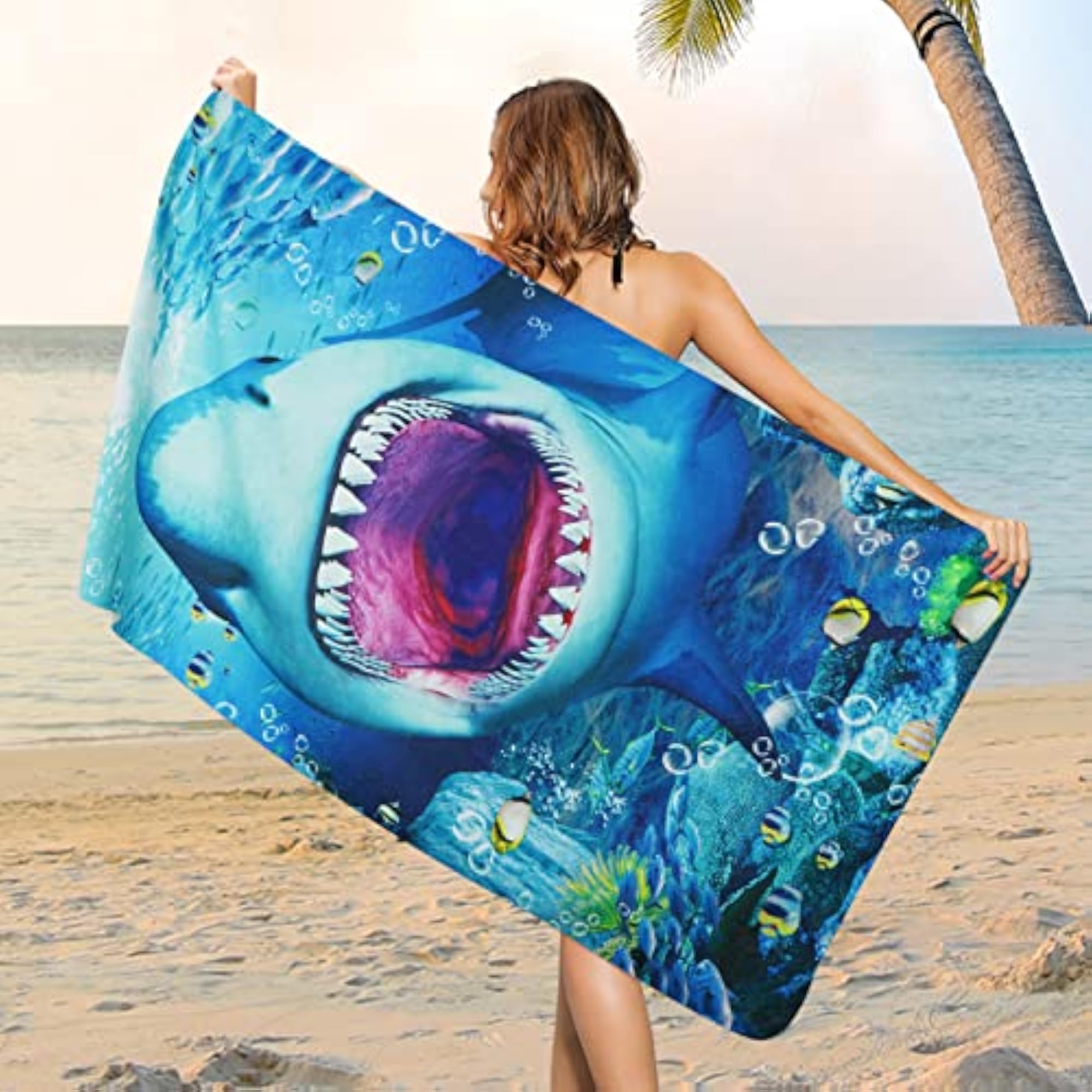 Oversized Microfiber Beach Towel, Ocean Life Shark Design