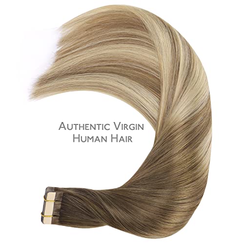 Image of WENNALIFE Tape in Hair Extensions Human Hair, 20pcs 40g 12 inch Ombre Walnut Brown to Ash Brown and Bleach Blonde Remy Hair Extensions Straight Human Hair Tape in Extensions Skin Weft Tape Extensions