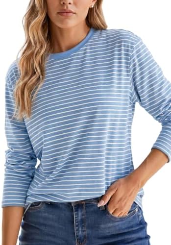 Cicy Bell Damen Gestreift Langarmshirt Rundhals Oberteil | Streifen,Langarm,Loose Fit,Basic,Bluse,Baumwolle,Top,Sweatshirt