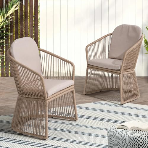 SUNSITT Patio Chairs Set of 2, Woven Wicker Outdoor Dining Chairs w/Weather-Resistant Cushions, Modern Bistro Chairs Set of 2 w/Curved Armrest Beige for Garden Balcony Backyard