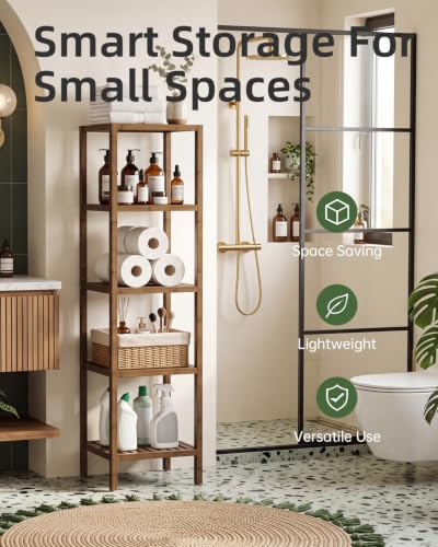 SMIBUY Badezimmer-Aufbewahrungsregal, 5 Ebenen, Bambusregal, Organizer, multifunktionales Regal für Wohnzimmer, Schlafzimmer… – Ansicht 2