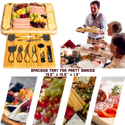 Mleeko Bamboo Cheese Board Set:large Charcuterie Boards With 4 Stainless Steel Cheese Knife & Serving Tray - Wedding Gifts, Housewarming Gift Idea, Birthday Gifts For Women,Mother's Day Gifts #TOP2