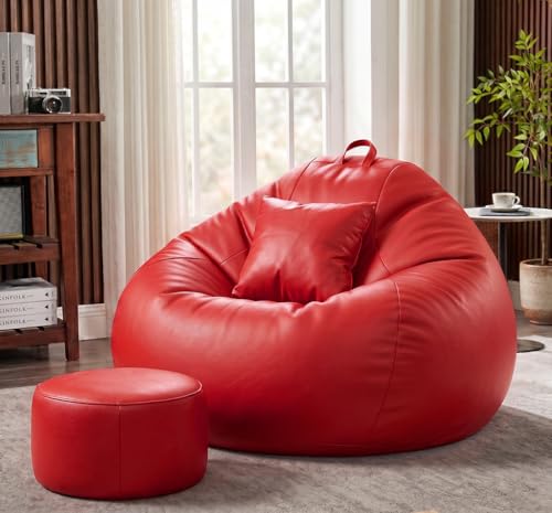 Image of Sattva Classic 2XL Sofa Style Bean Bag Chair with Beans Filled | Faux Leather Bin Bags Sofa Set with Footstool & Cushion for Adults | Beam Bag, Large Beanbags for Home & Office - Red