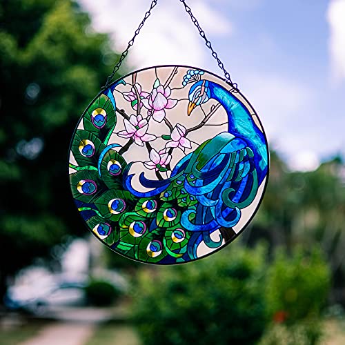 Vewogarden 12" Garden Peacock Handmade Painted Stained Glass Wall Window Decorative Hangings Suncatcher Panel With Chain #TOP3