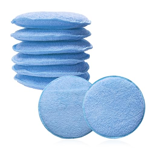 BWBWND 8PCS Microfiber Wax Applicator Pads, 5 Inch Round Car Wash Sponge Cleaning Tools with Finger Pocket, Scratch-Free Ultra-Soft Foam Bulk for Fine Polishing Detailing Waxing (Light Blue)