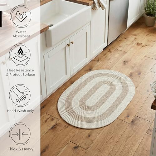 Image of Encasa XO Oval Braided Rug for Living Room & Bedroom | Cotton Blend Reversible Floor Carpet | Handwoven Natural Fiber Carpet | Washable Area Rug for Home Decor | Beige & Off-White (60x90 cm) | 2x3 Ft