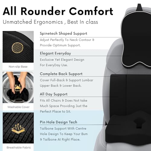 Image of Neckrest Back Support or Orthopaedic Cushion for Long Sitting with Ergonomic Design Made by High Density Memory Foam Used for Car or Office Chairs. (Midnight Black, Lumbar)