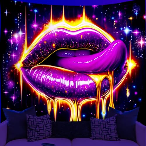 WEBEEDY Lips Black Light Tapestry Glowing Lip Neon Wall Hanging Tapestries Aesthetic Posters UV Reactive Glow In The Dark Backdrop for Dorm Living Room Home Photo Shoot Prop Party Decor (150x130cm)
