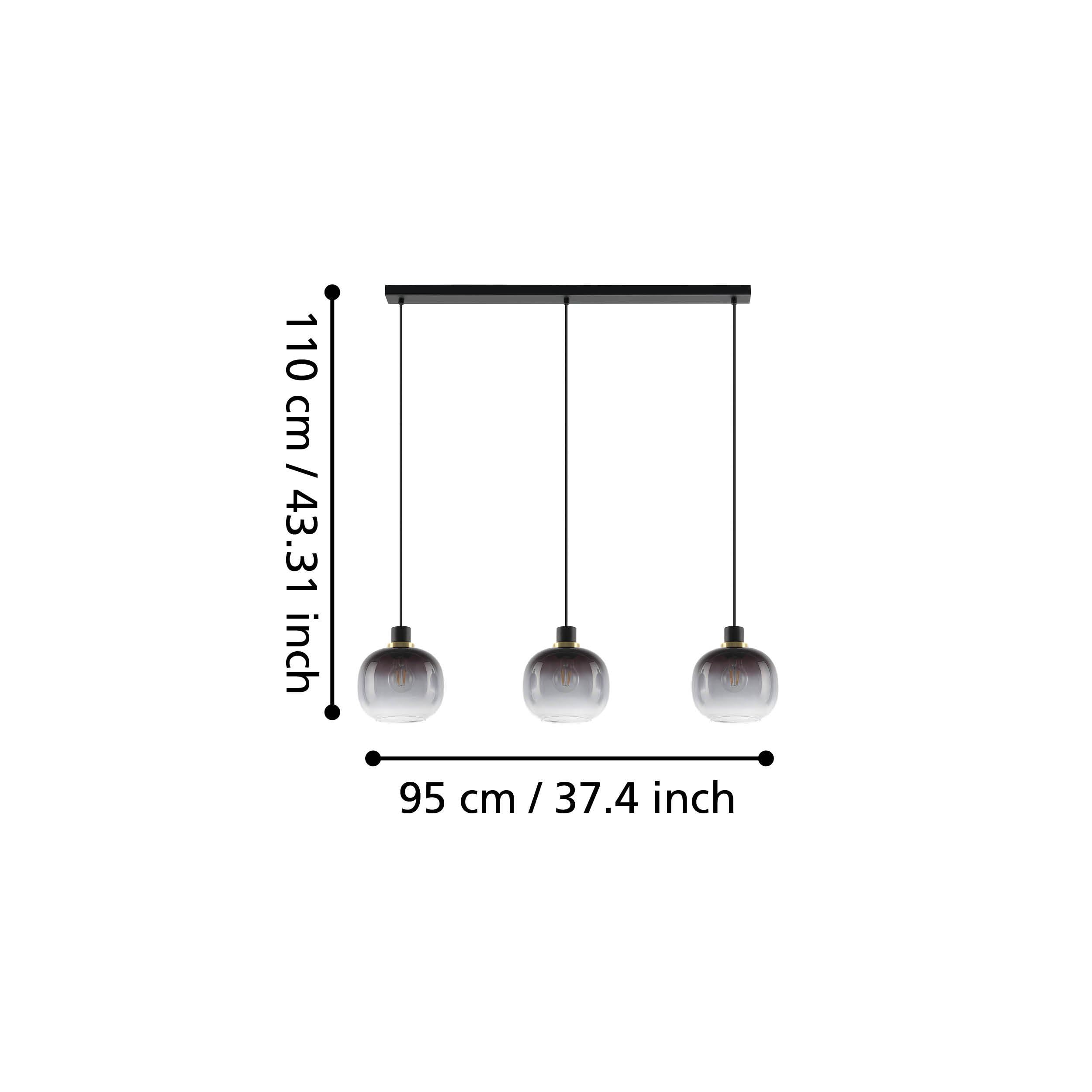 Eglo lampada a sospensione Oilella, 3 fiamme, vetro fumé, metallo | nero-grigio con dettagli ottone, sfera in vetro, attacco E27, lunghezza 95 cm, per tavolo da pranzo