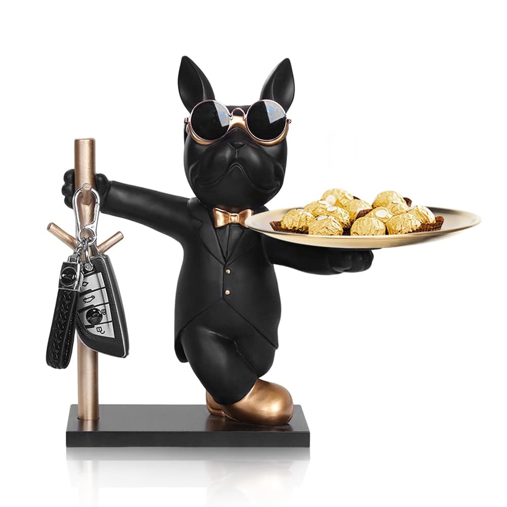 OKESYO Resin Cool Dog Sculpture Bulldog, Bulldog Storage Sculpture, French Bulldog Tray Statue, Bulldog Butler Statue With Tray, French Bulldog Ornaments for Home Desktop Ornament Decoration