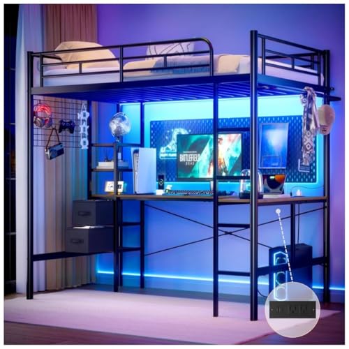 La Mejor Selección de Literas Madera comprados en linea. 43 FABATO Litera Base Cama Individual - Escritorio en L Estación Carga Repisas/Perchero y 2 Cajones de Tela - Dispositivo Antivuelco - Litera con Escritorio Abajo Luces LED para...