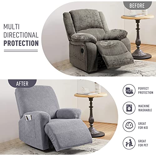 KinCam Recliner Covers, Stretch Reclining Chair Covers, Recliner Sofa Slipcovers Stripe Jacquard Recliner Couch Covers Furniture Protector Covers for Pet Kid (1 Seater, Light Gray)