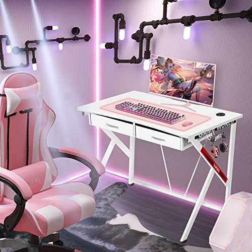 Ltmeuty Gaming Desk With Drawers - White Gaming Table, 39 In Home Office Computer Desk With Cup Holder And Headphone Hook, Gamer Workstation #TOP1