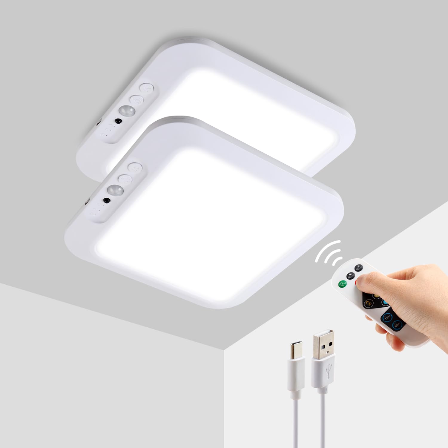Wiederaufladbare LED Deckenleuchte mit Bewegungsmelder & Fernbedienung, 4000mAh Akku, Dimmbar, 3 Lichtfarben (3000K/4500K/6500K), Timer, Kabellose Lampe 2 Pack für Bad, Dusche, Schrank, Flur, Terrasse