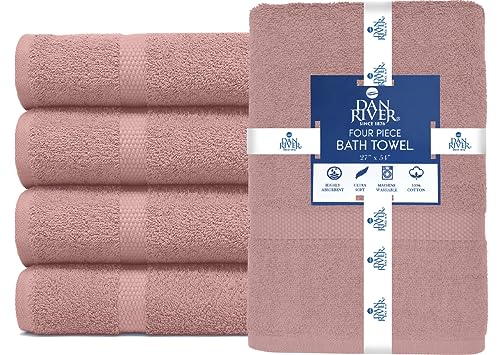 Image of DAN RIVER Bath Towels Set of 4, 27 x 54 Inches, 100% Cotton, Larger & Lighter Weight, Quicker to Dry, Super Soft and Absorbent, Ideal Cotton Towels for Daily Use, Dusty Rose