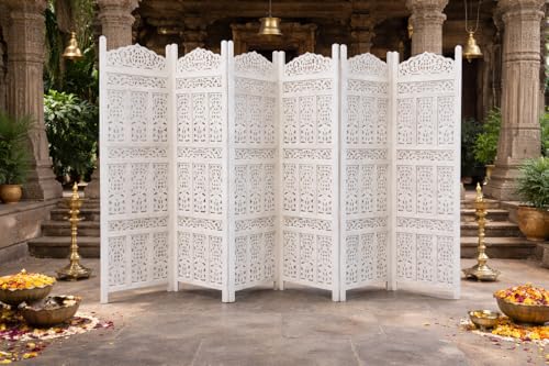 Image of Home & Goods International Wooden Room Divider Partition - Foldable Screen Separator for Living Room, Bedroom, Office, Restaurant || Kangra Badrun Design, White (6 Panel)