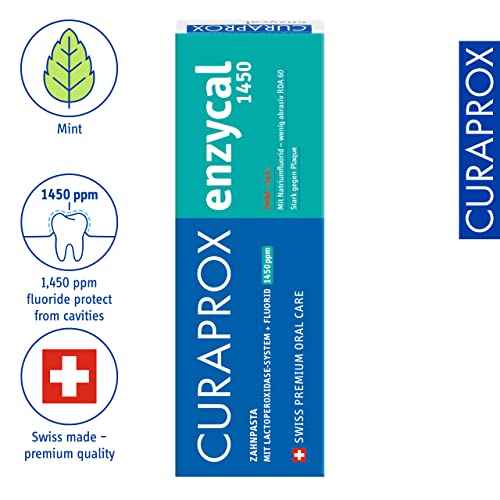 Curaprox Enzycal 1450 Zahnpasta - Fluoridhaltige Zahnpasta mit Enzymen für die tägliche Mundpflege/Unterstützt Hohlraumschutz & frischen Atem | SLS-frei, 75ml / Hergestellt in der Schweiz