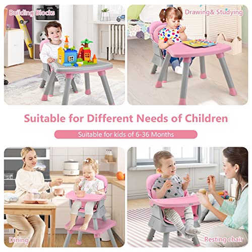 Image of INFANS 8 in 1 Baby High Chair, Convertible Highchair for Babies and Toddlers, Infant Dining Booster Seat, Building Block Table, Kids Stool Table Chair Set with Removable Tray (Light Pink)