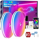 Cozylady 40Ft (20Ft *2 Rolls) RGB LED Neon Rope Lights for Bedroom, 12m LED Strip Lamp with Double Sided Adhesive Tape, App/Remote Control DIY Lights Decorate The Outdoor and Indoor of Your Home