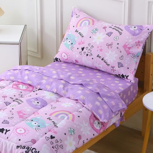 Image of Viviland Toddler Comforter Sets, 4 Pieces Bedding Sets, Cat Pattern | Microfiber Purple Bed Set, Girls, Breathable & Soft, Comforter, Bed Sheet, Fitted Sheet and Pillowcase, Machine Washable