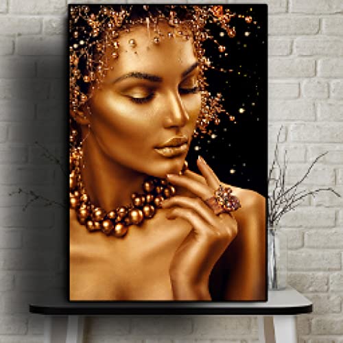 Art Africain Noir et Or Peinture sur Toile Femme Sexy Affiche Murale Salon 35x50cm
