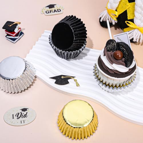 Moldes para cupcakes metalizados Whaline, 150 cápsulas de aluminio negro, plata y dorado para fiestas 5