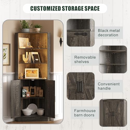 image for TAGELIER Farmhouse Corner Cabinet with LED Light, 67